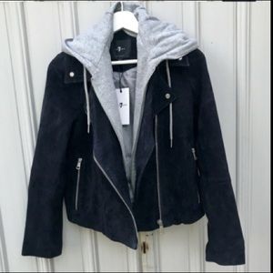 Navy suede motorcycle jacket with built in hoodie